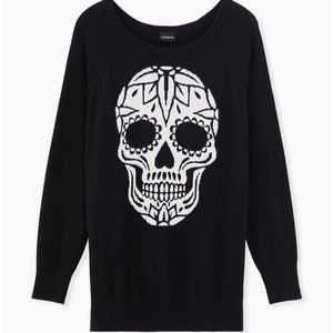 Torrid Womens Pullover Raglan Long Sleeve Sweater Black Sugar Skull Size 3 PLUS